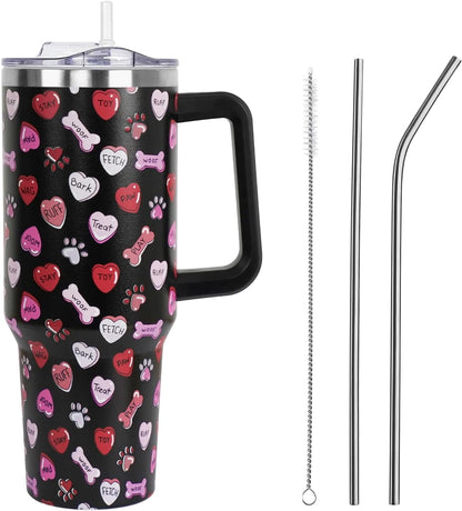 Lunabuddy™ Valentines Day Gifts 40 oz Tumbler with Handle and Straw Lid,Valentine''s Day Gift for Her Women Girlfriend Wife Dog Bones and Candy Hearts Vacuum Insulated Leak Proof Stainless Steel Coffee Cup Mug