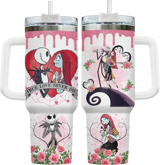 Lunabuddy™ Valentines Day Gifts for Him Her, Jack Skeleton 40 Oz Tumbler with Handle, Horror Valentines Cup, Nightmare Before Characters Mug, Gifts for Movie Lovers
