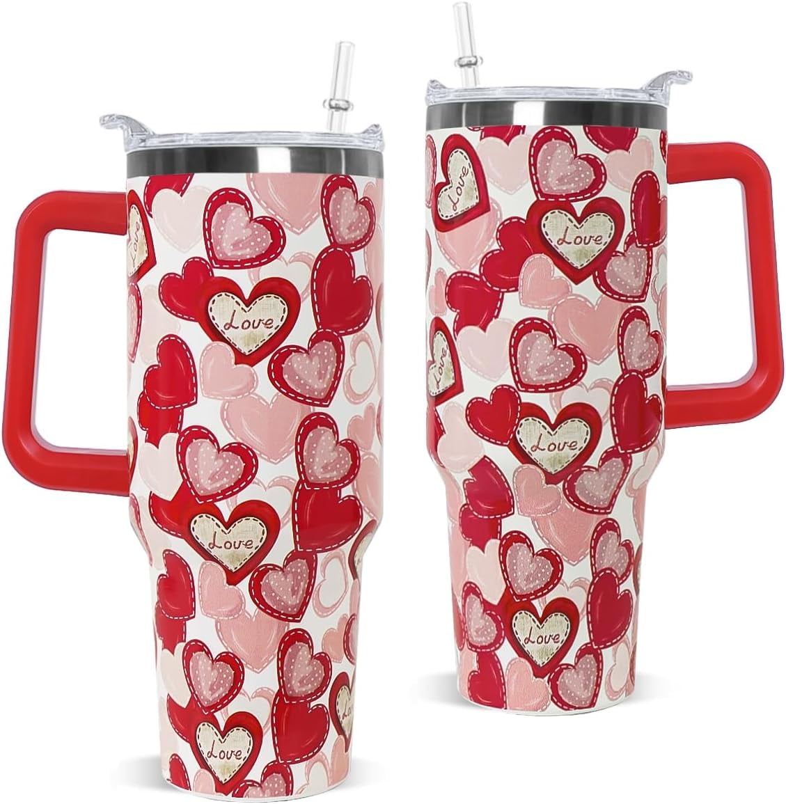 Lunabuddy™ Valentines Tumbler with Handle 40 oz Red Love Hearts Coffee Travel Mug Stainless Steel Insulated Cup Valentines Anniversary Wedding Birthday Gifts for Women