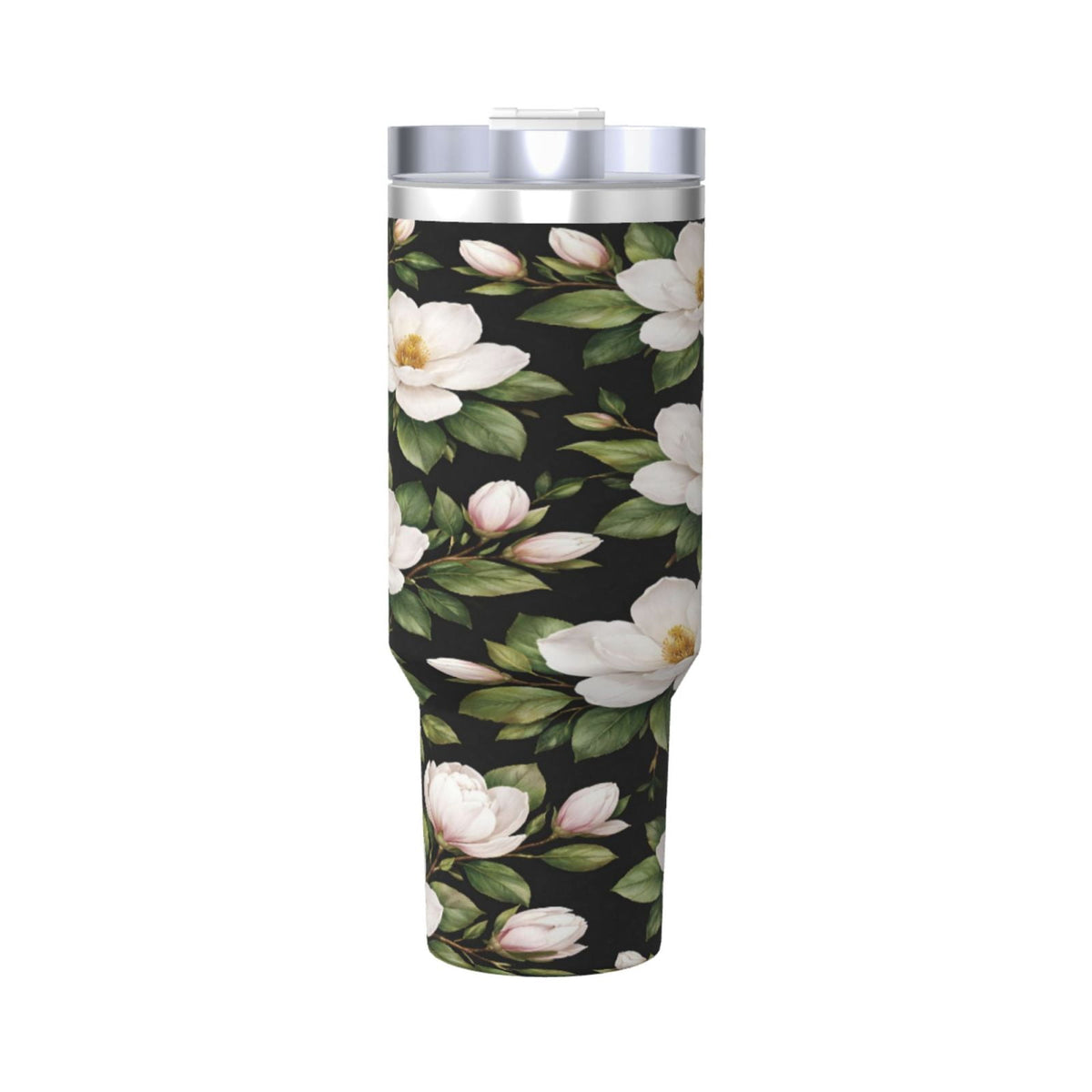 Lunabuddy™ White Magnolia Floral Cup Insulated Tumbler Stainless Steel Vacuum Travel Mug 40 oz with Handle and Straw Lid