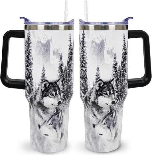 Lunabuddy™ Wolf Lovers Gifts Wolf Tumbler Cup With Lid and Straw 40OZ Stainless Steel Insulated Travel Mug Water Bottle