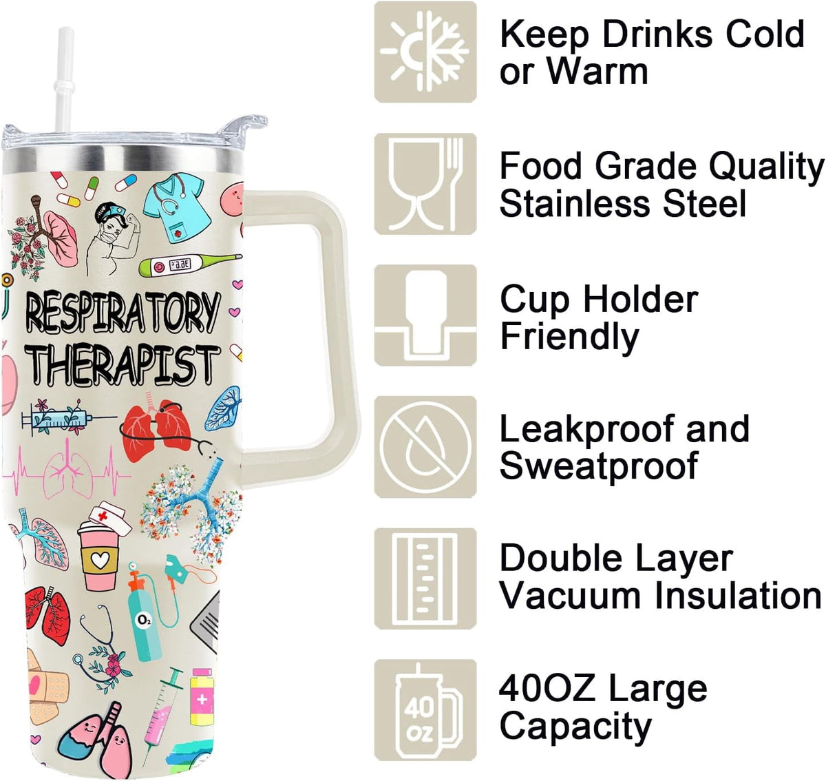 Lunabuddy™ 40 Oz Respiratory Therapist Tumbler Cup Respiratory Therapist Gifts Stainless Steel Insulated Travel Coffee Mug with Handle Respiratory Therapist Week Gifts for Women Men