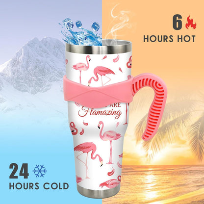 Lunabuddy™ 40 oz Tumbler with Handle and Straw 40oz Pink Flamingo Cup Insulated Coffee Travel Mug Spill Proof Leak Proof 40 ounce Stainless Steel Slim 40 oz tumbler with handle and Lid