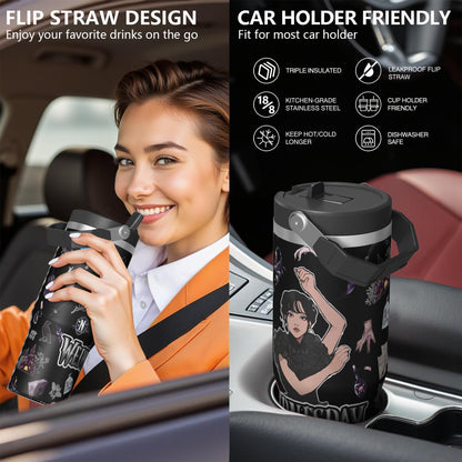 Lunabuddy™ 30oz Wednesday Girl Stainless Steel Tumbler with Lid and Straw,Wednesday Stuff Merchandise Spill Proof Travel Cup Double Wall Vacuum Insulated Coffee Mug with Top Handle Black