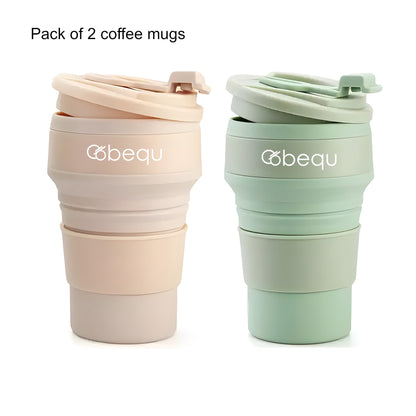 Lunabuddy™ BEQU 500ml/17 Fl Oz Collapsible Silicone Coffee Mug Tumbler, Reusable, BPA Free, Dishwasher-Safe, Leak Proof, Use for Home Office Sports Travel Gym Camping Hiking (2PK Pink-Green)