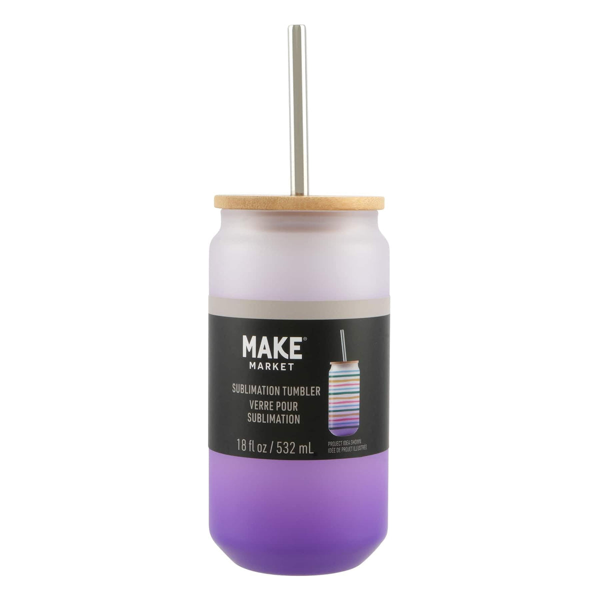 Lunabuddy™ Purple Frosted Glass Sublimation Tumbler by Make Market â€“ 18oz Drinkware with Bamboo Lid & Metal Straw - Designed for Custom Heat Transfer - Hand Wash Only - 12 Pack