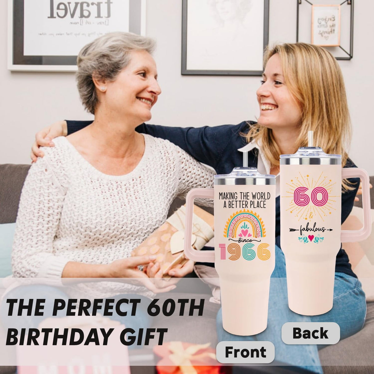 Lunabuddy™ 60th Birthday Gifts for Women Her, 1966 60th Birthday Decorations for Woman, Turning 60 Year Old Gifts For Women Mom Wife Grandma, 60 th Birthday Ideas, 40oz Tumbler Cup