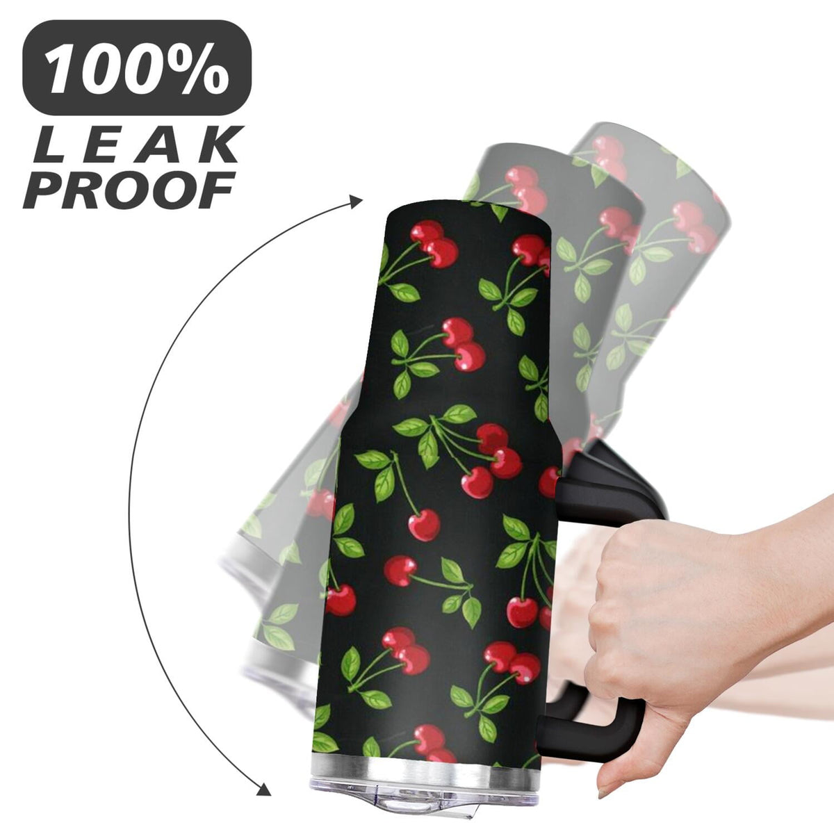 Lunabuddy™ 40oz Red Cherry Fruit Pattern Stainless Steel Flip Straw Tumbler Spill Proof Travel Cup Double Wall Vacuum Insulated Coffee Mug with Top Handle