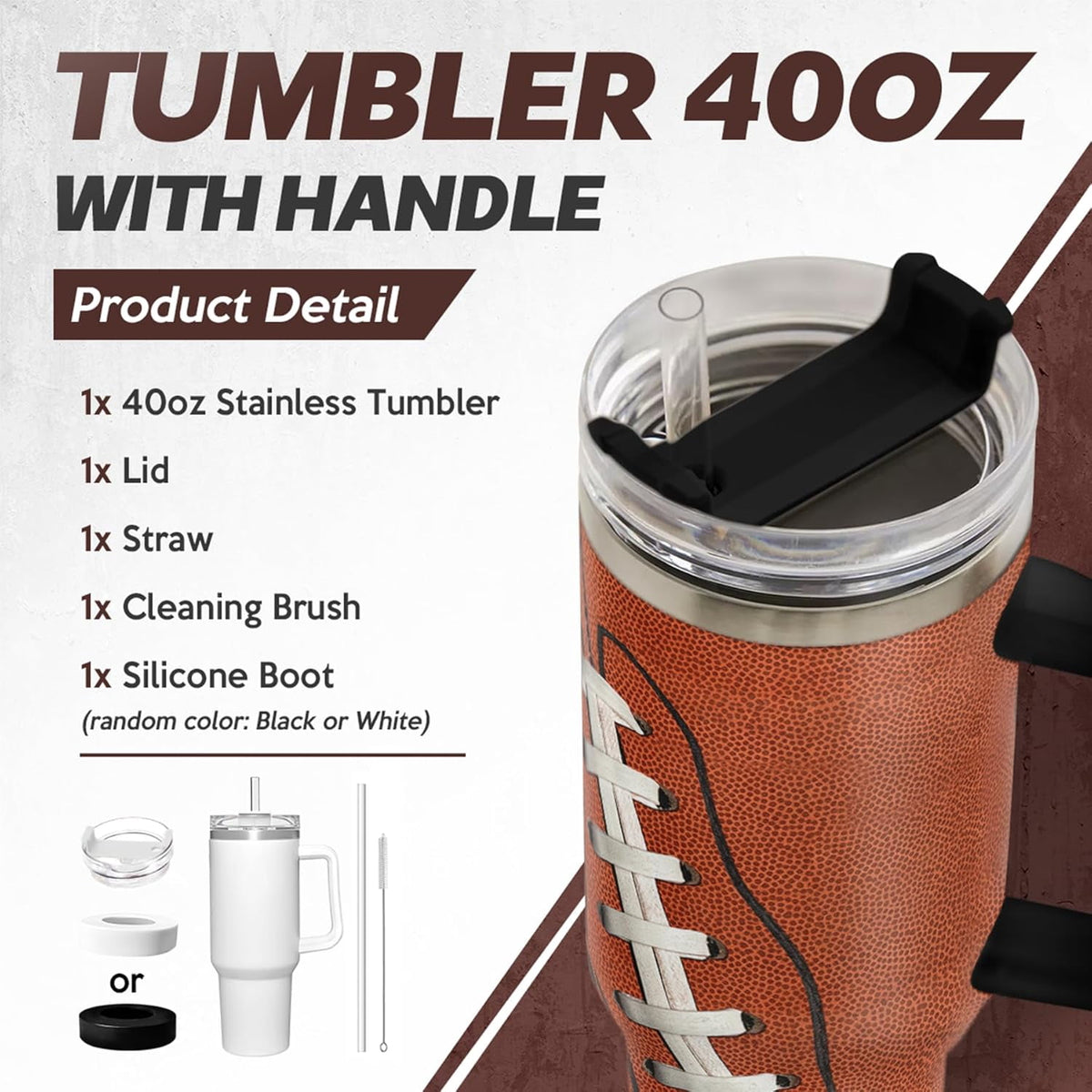 Lunabuddy™ Football Tumbler with Handle 40oz Insulated Stainless Steel Cup with Lid & Straw, Travel Cup, Gifts for Men, Boys, Players, Coaches, Sports Lovers, Christmas, Birthday