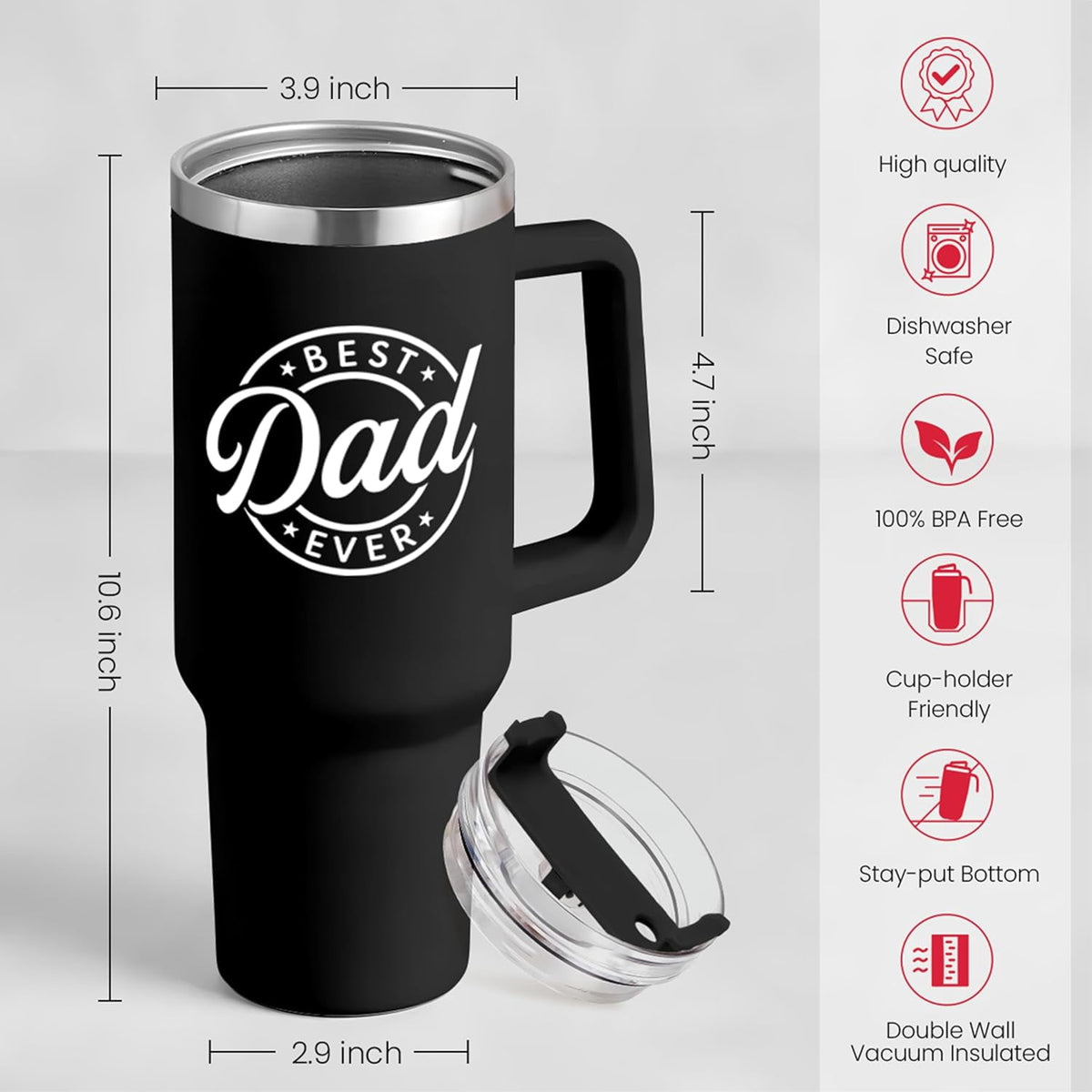 Lunabuddy™ Best Dad Ever Tumbler with Handle 40oz Stainless Steel Insulated - Dad Gifts for Dad from Daughter Son - Coffee Tumbler for Dad Father''s Day Birthday Christmas Cup Gift Set with Lid & Straw