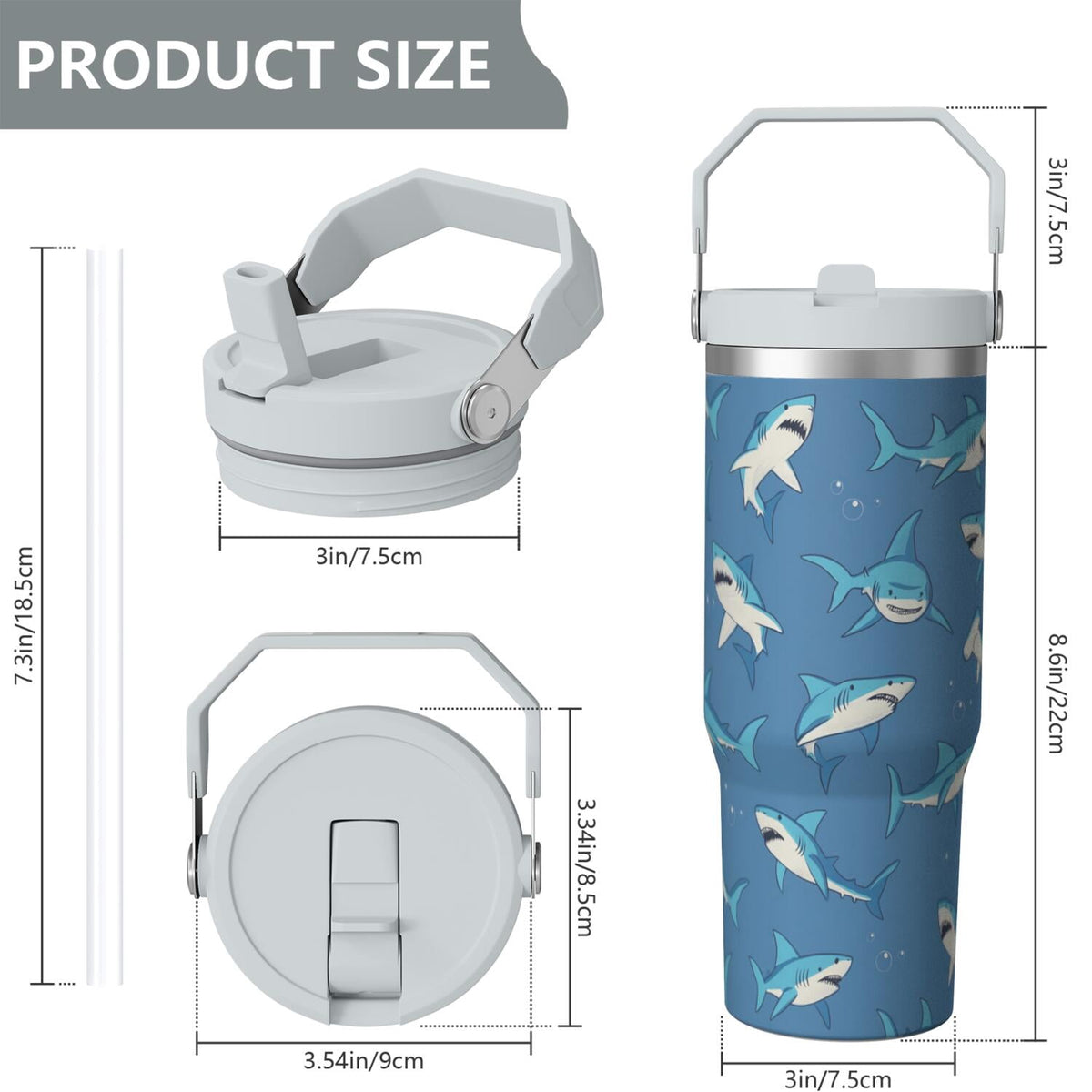 Lunabuddy™ 1pc shark 30oz Tumbler with Straw & Handle - Insulated Stainless Steel Cup | Holiday Gift for Man Women (Christmas, Valentine's, Birthday)
