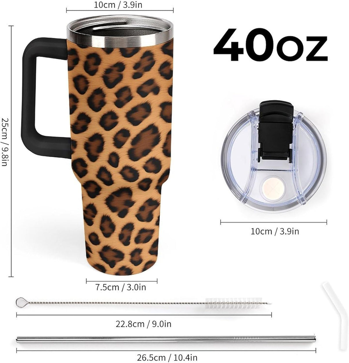 Lunabuddy™ 40oz Insulated Stainless Steel Tumbler with Handle, Abstract Brown Leopard Print Leakproof Water Bottles Travel Mug with Lid And Straw for Water, Iced Tea Or Coffee for Most Car Cup Holder