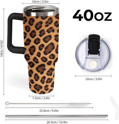 Lunabuddy™ 40oz Insulated Stainless Steel Tumbler with Handle, Abstract Brown Leopard Print Leakproof Water Bottles Travel Mug with Lid And Straw for Water, Iced Tea Or Coffee for Most Car Cup Holder