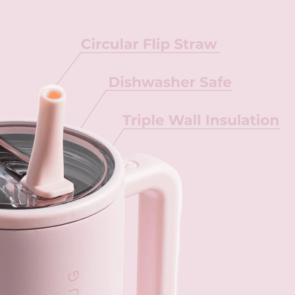 Lunabuddy™ Traveler 32 oz Water Bottle, Stainless Steel Insulated Tumbler with Flip Straw and Handle - Pink Sand