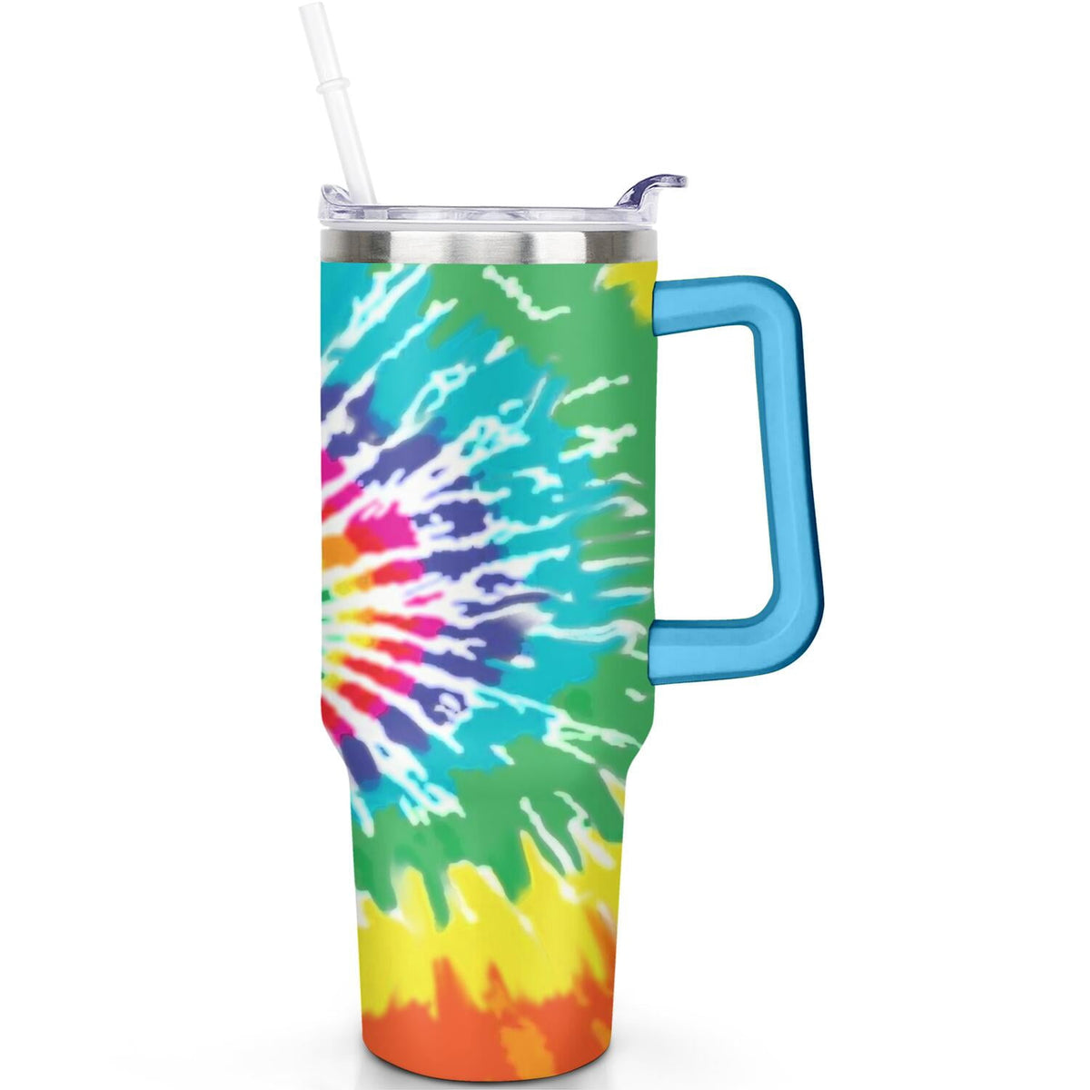 Lunabuddy™ 40oz Boho Tie Dye Stainless Steel Flip Straw Tumbler Spill Proof Travel Cup Double Wall Vacuum Insulated Coffee Mug with Top Handle