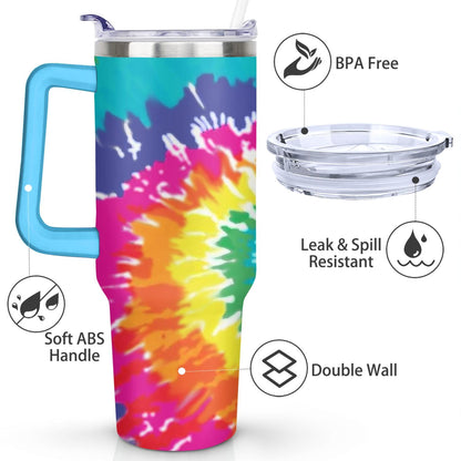 Lunabuddy™ 40oz Boho Tie Dye Stainless Steel Flip Straw Tumbler Spill Proof Travel Cup Double Wall Vacuum Insulated Coffee Mug with Top Handle