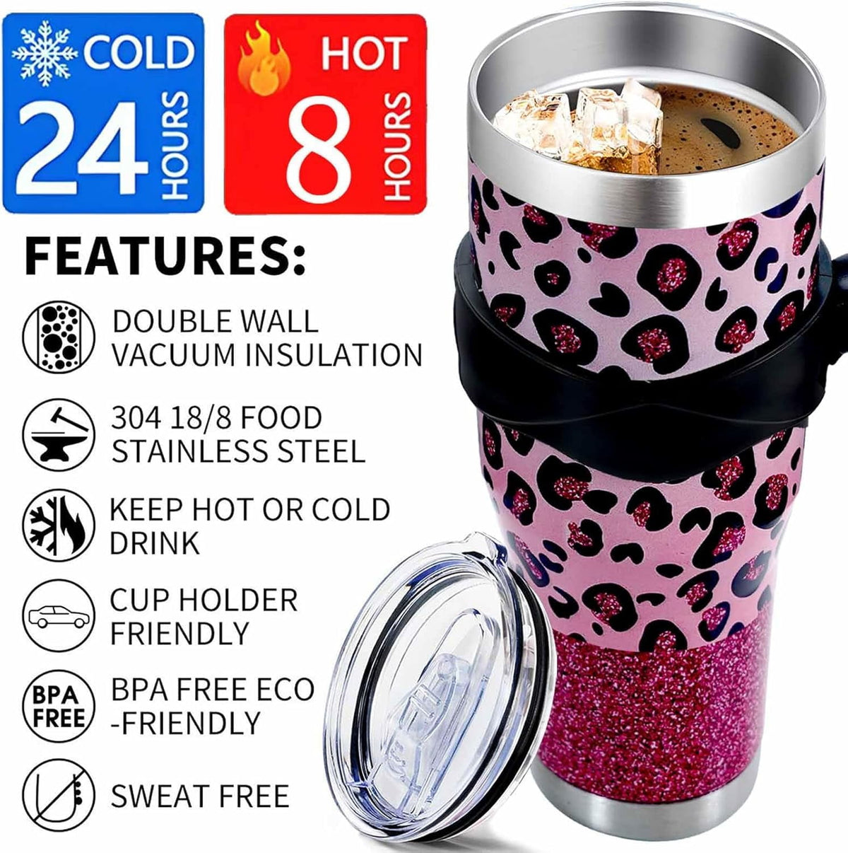 Lunabuddy™ Sunmdecor Pink Leopard Print Tumbler with Handle and Silicone Straws - 40 Oz Cheetah Insulated Tumbler - Leopard Cup Gift for Women