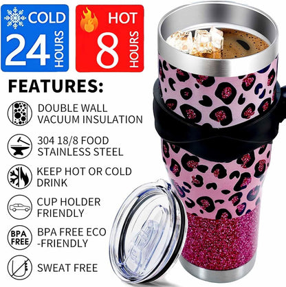 Lunabuddy™ Sunmdecor Pink Leopard Print Tumbler with Handle and Silicone Straws - 40 Oz Cheetah Insulated Tumbler - Leopard Cup Gift for Women