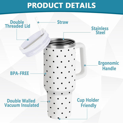 Lunabuddy™ 40 oz Tumbler with Handle Lid and Straw Insulated Water Tumbler Stainless Steel Water Cup Mug Bottle Reusable Cup Holder Friendly Polka Dot White