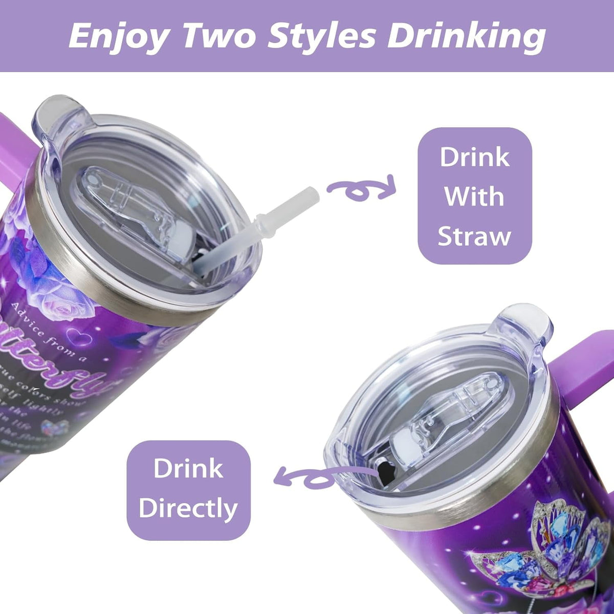 Lunabuddy™ 40 oz Tumbler with Handle and Straw Lid, Purple Butterfly Insulated Cup, Double Vacuum Leak Proof Coffee Travel Mug, Flower Stainless Steel Water Bottle Gifts for Women Girls