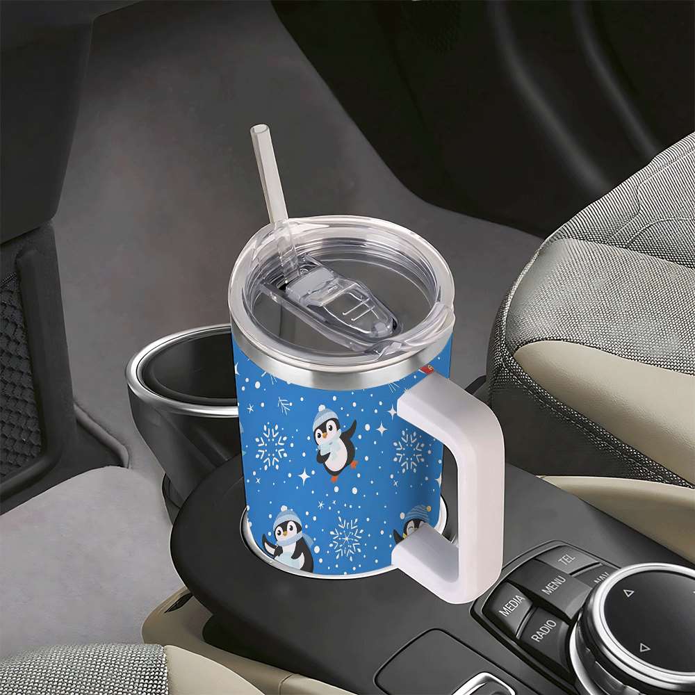 Lunabuddy™ Penguin Winter Travel Tumbler with Lid and Straw, Stainless Steel Insulated Cup with Cute Snow & Ski Design