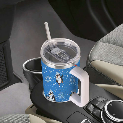 Lunabuddy™ Penguin Winter Travel Tumbler with Lid and Straw, Stainless Steel Insulated Cup with Cute Snow & Ski Design