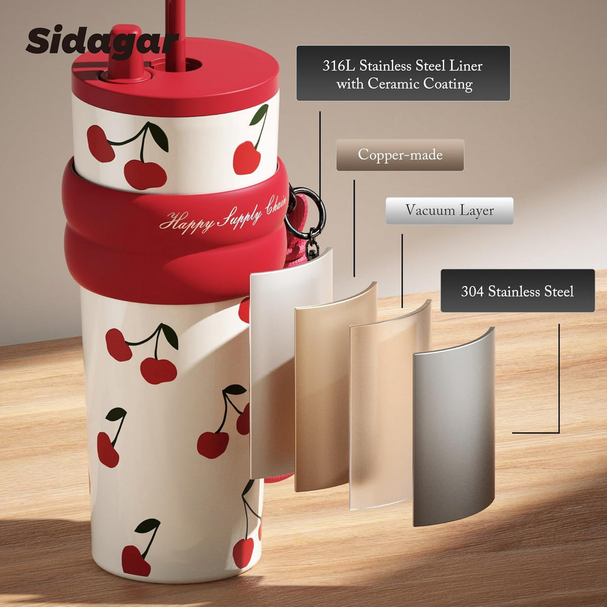 Lunabuddy™ 24 oz Stainless Steel Vacuum Insulated Coffee Travel Tumbler with Straw Lid, Red Cherry