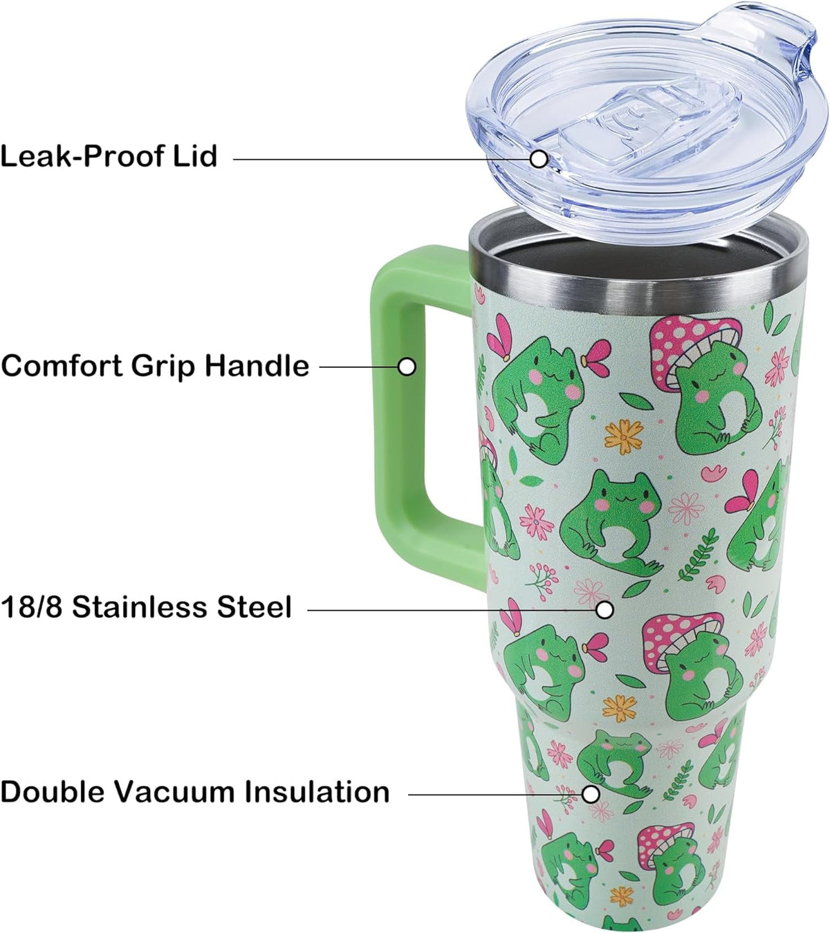 Lunabuddy™ 40 oz Frog Mushroom Tumbler with Handle and Straw, Travel Mug Water Bottle, Stainless Steel Insulated Cup with Lid and Straw, Birthday Christmas Gifts