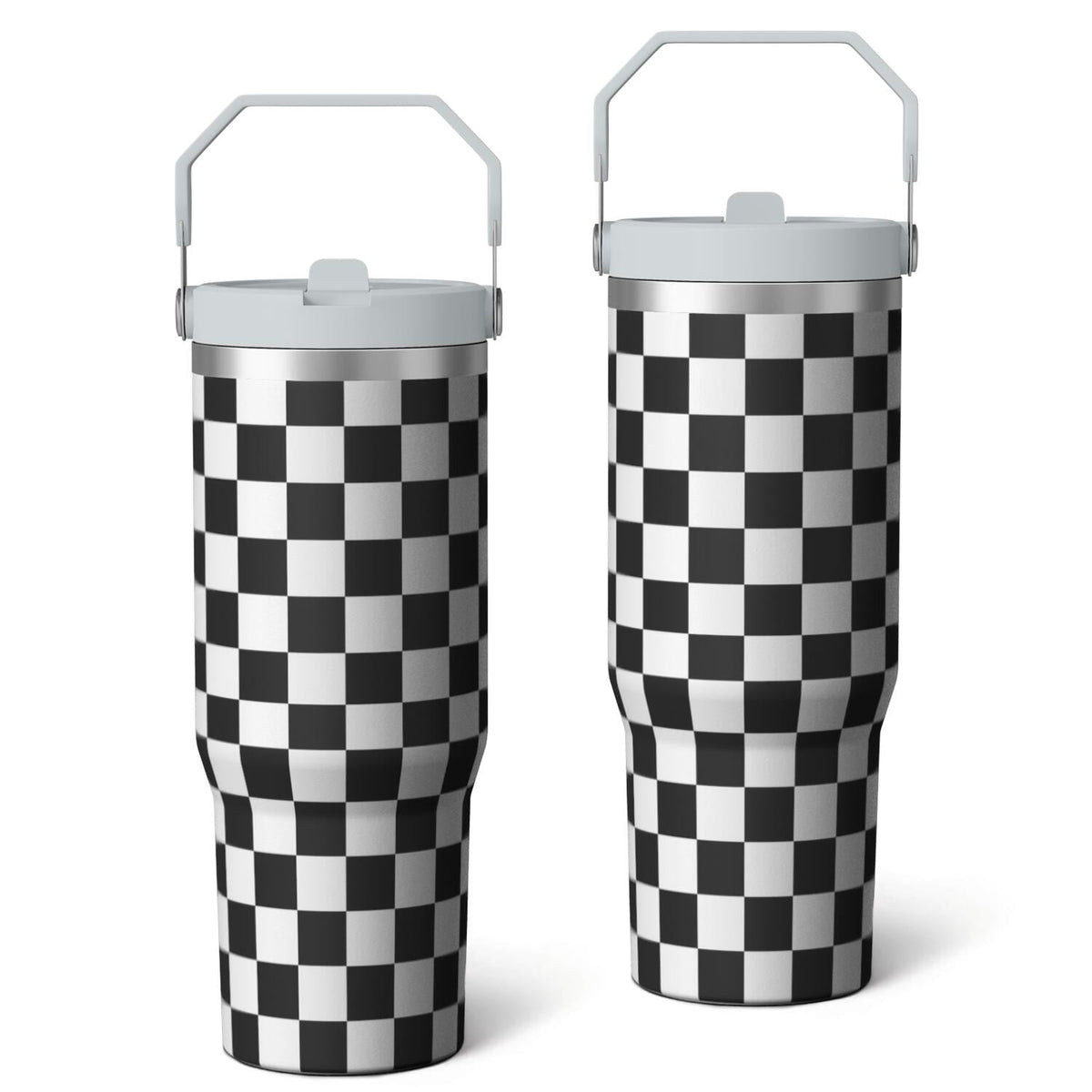 Lunabuddy™ 1pc Black and white grid 30oz Tumbler with Straw & Handle - Insulated Stainless Steel Cup | Holiday Gift for Man Women (Christmas, Valentine's, Birthday)