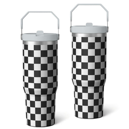 Lunabuddy™ 1pc Black and white grid 30oz Tumbler with Straw & Handle - Insulated Stainless Steel Cup | Holiday Gift for Man Women (Christmas, Valentine's, Birthday)