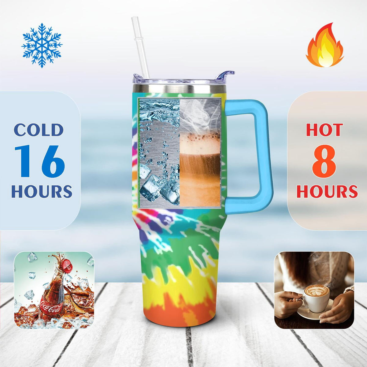 Lunabuddy™ 40oz Boho Tie Dye Stainless Steel Flip Straw Tumbler Spill Proof Travel Cup Double Wall Vacuum Insulated Coffee Mug with Top Handle