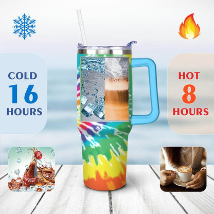 Lunabuddy™ 40oz Boho Tie Dye Stainless Steel Flip Straw Tumbler Spill Proof Travel Cup Double Wall Vacuum Insulated Coffee Mug with Top Handle