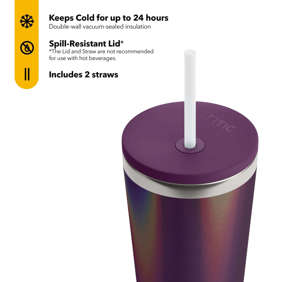 Lunabuddy™ 28 oz Ceramic Lined Everyday Tumbler, Spill-Resistant Straw Lid, Plum Glitter