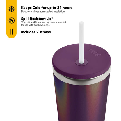 Lunabuddy™ 28 oz Ceramic Lined Everyday Tumbler, Spill-Resistant Straw Lid, Plum Glitter