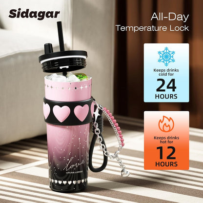 Lunabuddy™ 24oz Ceramic Coated Insulated Tumbler with Straw, Gift Travel Mug for Women and Couples, Pink