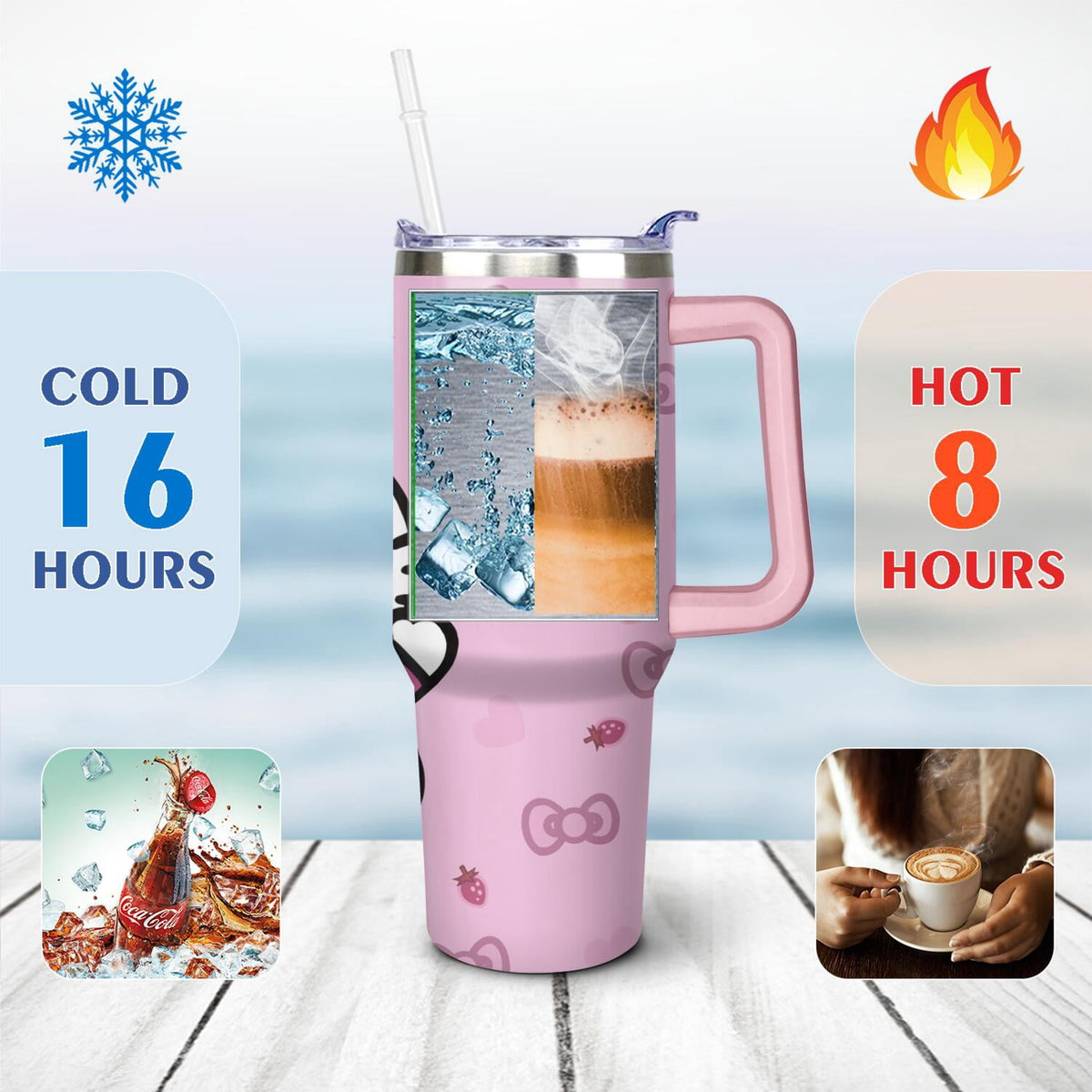 Lunabuddy™ 40oz Hello Kawaii Cat Cute Stainless Steel Tumbler with Lid and Straw,Spill Proof Travel Cup Double Wall Vacuum Insulated Coffee Mug with Handle Pink