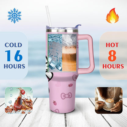 Lunabuddy™ 40oz Hello Kawaii Cat Cute Stainless Steel Tumbler with Lid and Straw,Spill Proof Travel Cup Double Wall Vacuum Insulated Coffee Mug with Handle Pink