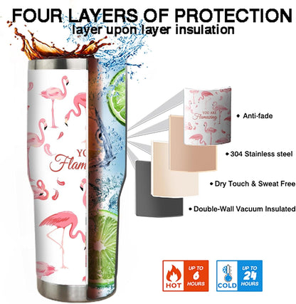 Lunabuddy™ 40 oz Tumbler with Handle and Straw 40oz Pink Flamingo Cup Insulated Coffee Travel Mug Spill Proof Leak Proof 40 ounce Stainless Steel Slim 40 oz tumbler with handle and Lid
