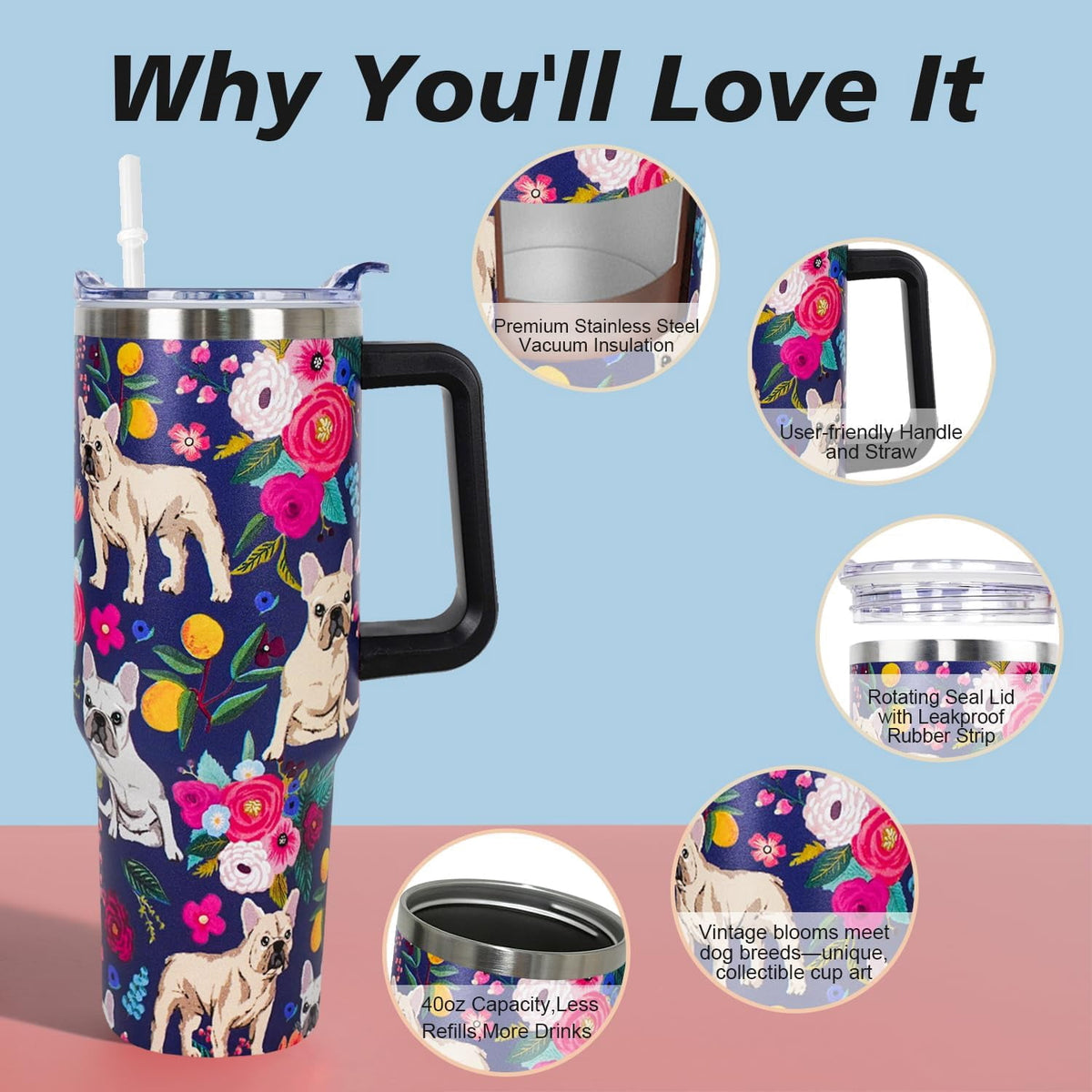 Lunabuddy™ Pitbull Gifts Dog Tumbler Cup for Women Men 40oz Stainless Steel Insulated Travel Mug with Lid and Straw