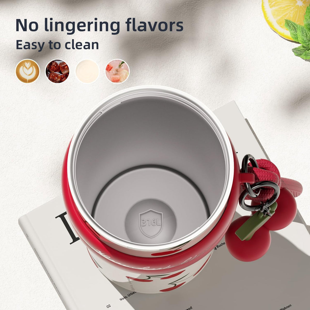 Lunabuddy™ 24 oz Stainless Steel Vacuum Insulated Coffee Travel Tumbler with Straw Lid, Red Cherry