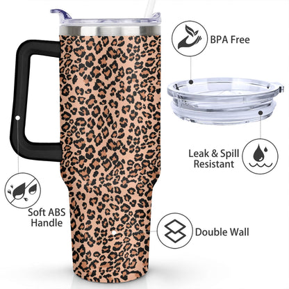 Lunabuddy™ 40oz Fashion Leopard Pattern Stainless Steel Flip Straw Tumbler Spill Proof Travel Cup Double Wall Vacuum Insulated Coffee Mug with Top Handle