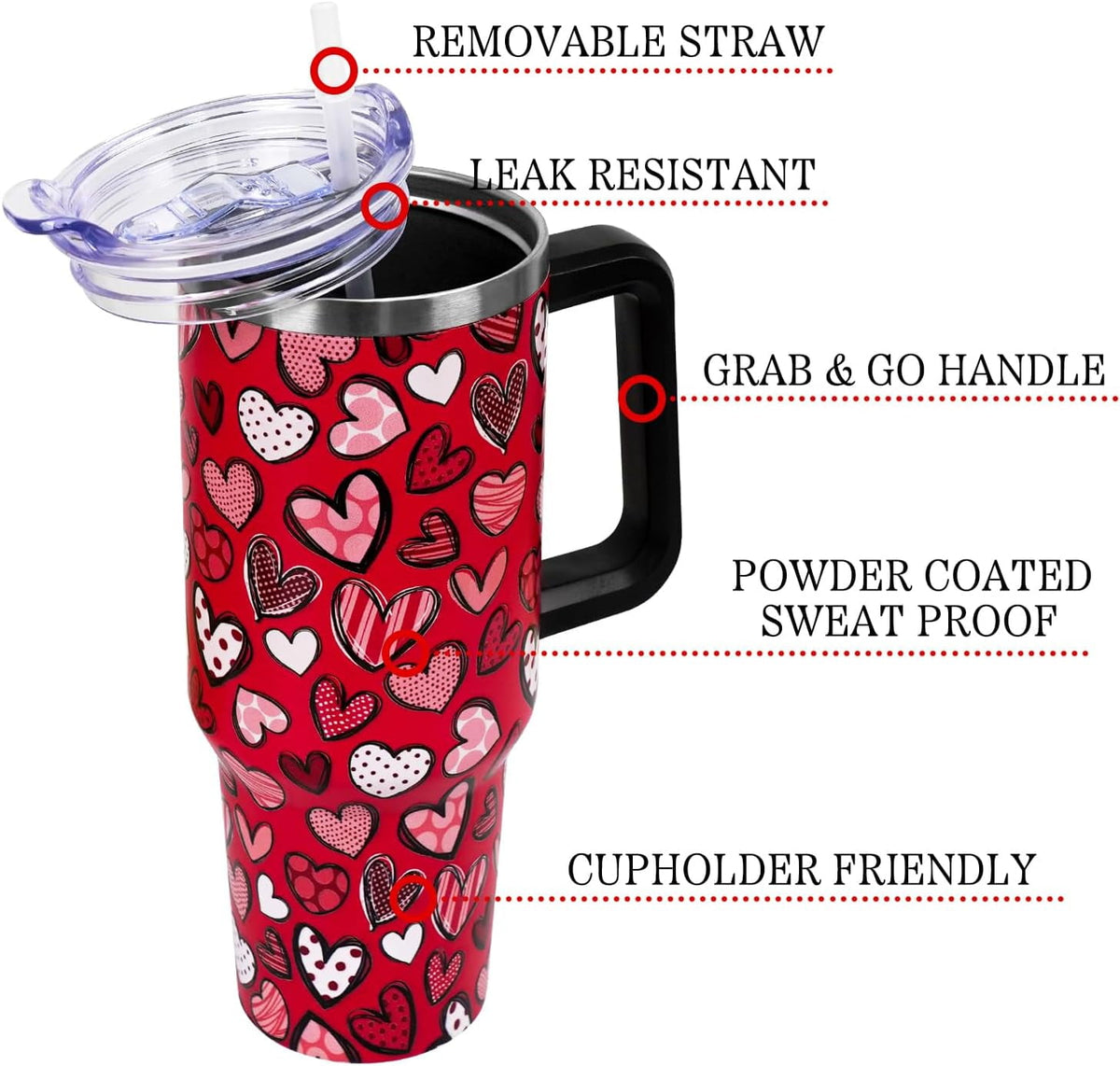 Lunabuddy™ Valentines Day Gifts 40 oz Tumbler with Handle and Straw Lid,Cute Valentine''s Day Gift for Her Women Girlfriend Wife Red Love Hearts Vacuum Insulated Leak Proof Stainless Steel Coffee Cup Mug