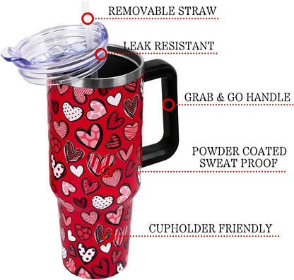 Lunabuddy™ Valentines Day Gifts 40 oz Tumbler with Handle and Straw Lid,Cute Valentine''s Day Gift for Her Women Girlfriend Wife Red Love Hearts Vacuum Insulated Leak Proof Stainless Steel Coffee Cup Mug