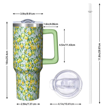 Lunabuddy™ 40 oz Lemon Theme Tumbler Spill Proof Lid 40oz Lemon Tumbler with Handle & Straw Double Insulated Travel Coffee Cup Lemon Lover Gifts for Men Women