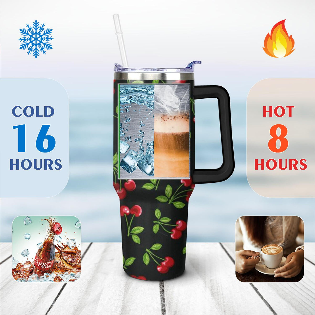 Lunabuddy™ 40oz Red Cherry Fruit Pattern Stainless Steel Flip Straw Tumbler Spill Proof Travel Cup Double Wall Vacuum Insulated Coffee Mug with Top Handle