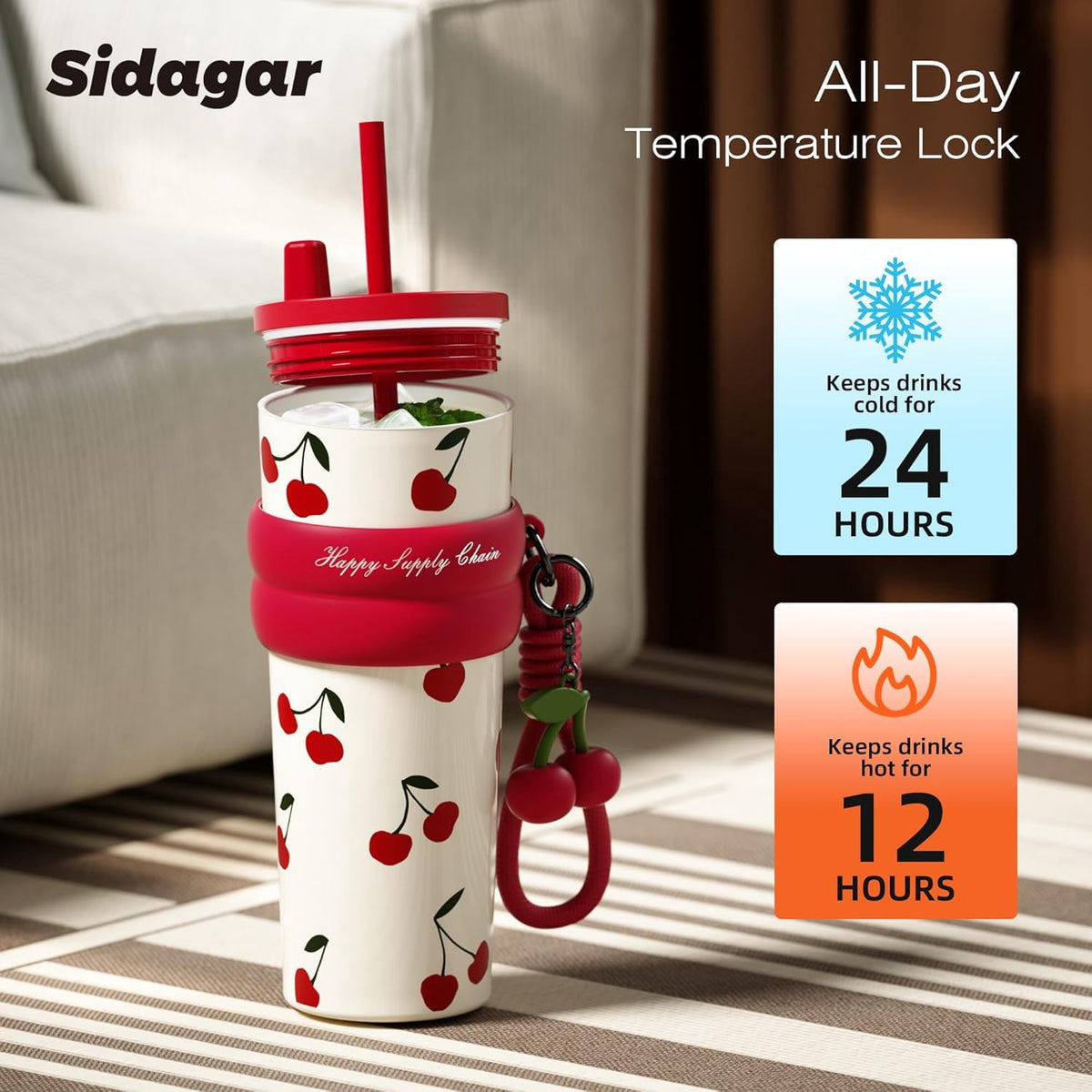Lunabuddy™ 24 oz Stainless Steel Vacuum Insulated Coffee Travel Tumbler with Straw Lid, Red Cherry