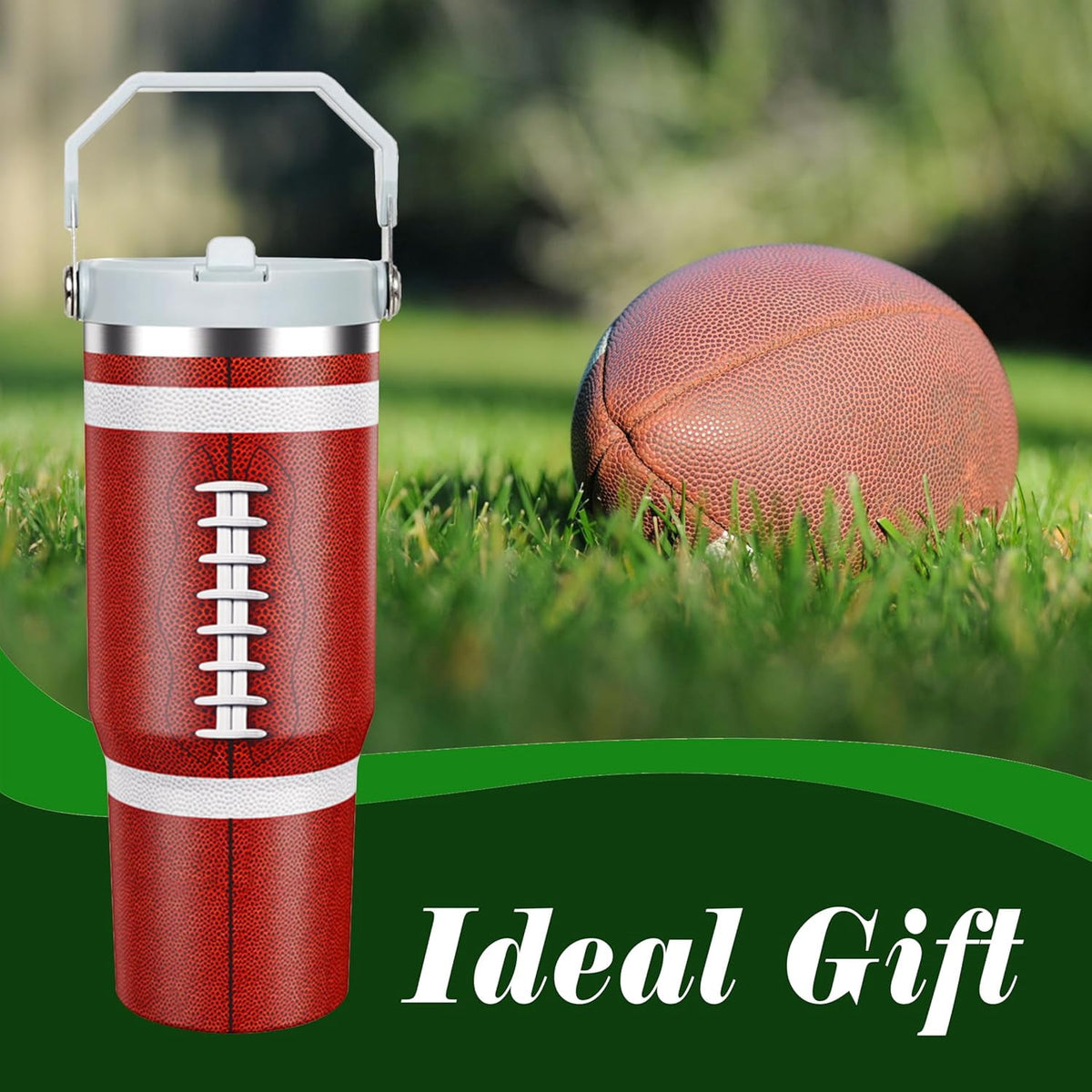 Lunabuddy™ Football Lover Gift 30 oz Flip Straw Tumbler with Top Handle Football Pattern BPA-Free Leak Proof Stainless Steel Insulated Vacuum Flip Top Water Bottle for Sporting Working