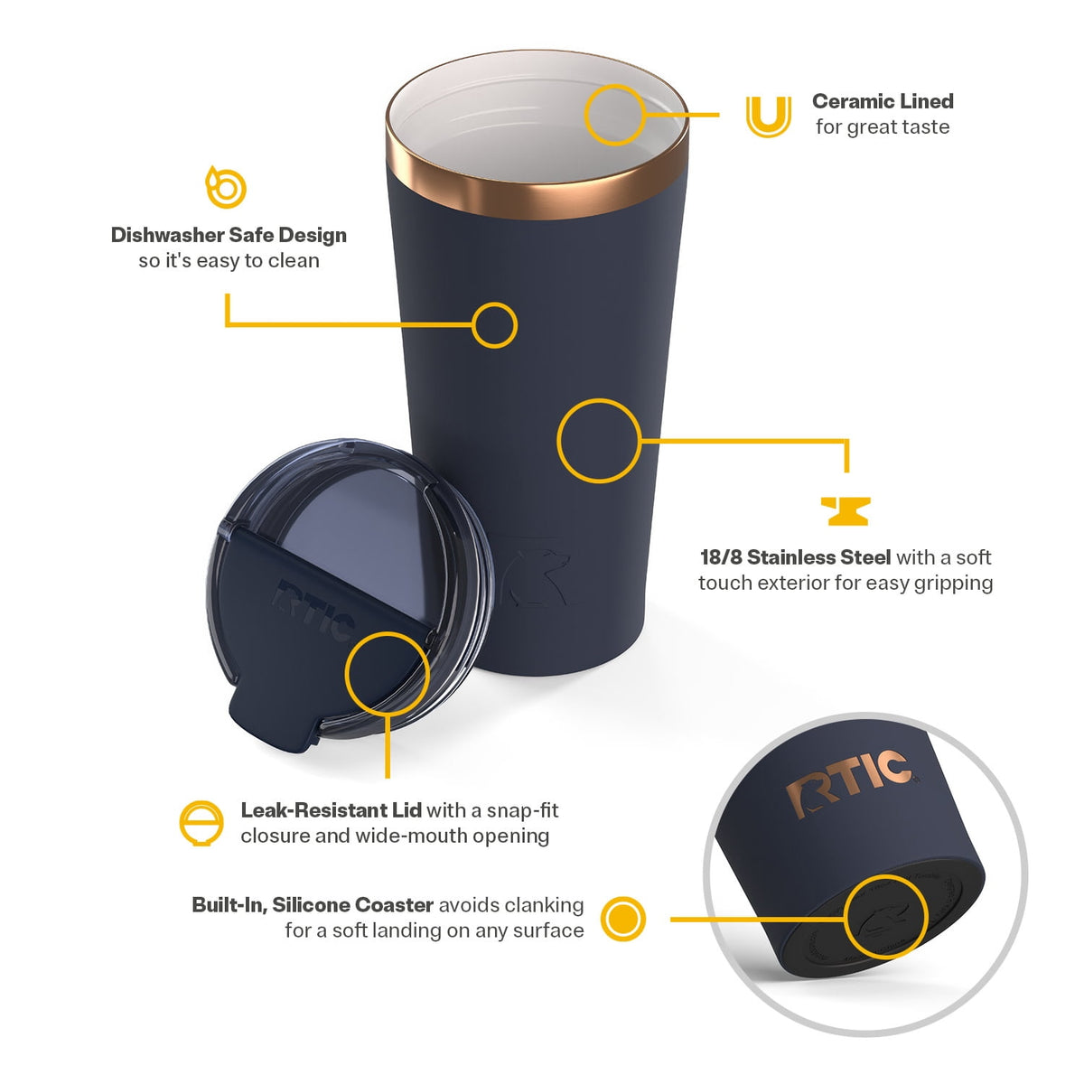 Lunabuddy™ 18 oz Ceramic Lined Insulated Happy Hour Pint Tumbler, Leak Resistant Lid, Soft-Touch Exterior, Dark Midnight Dust