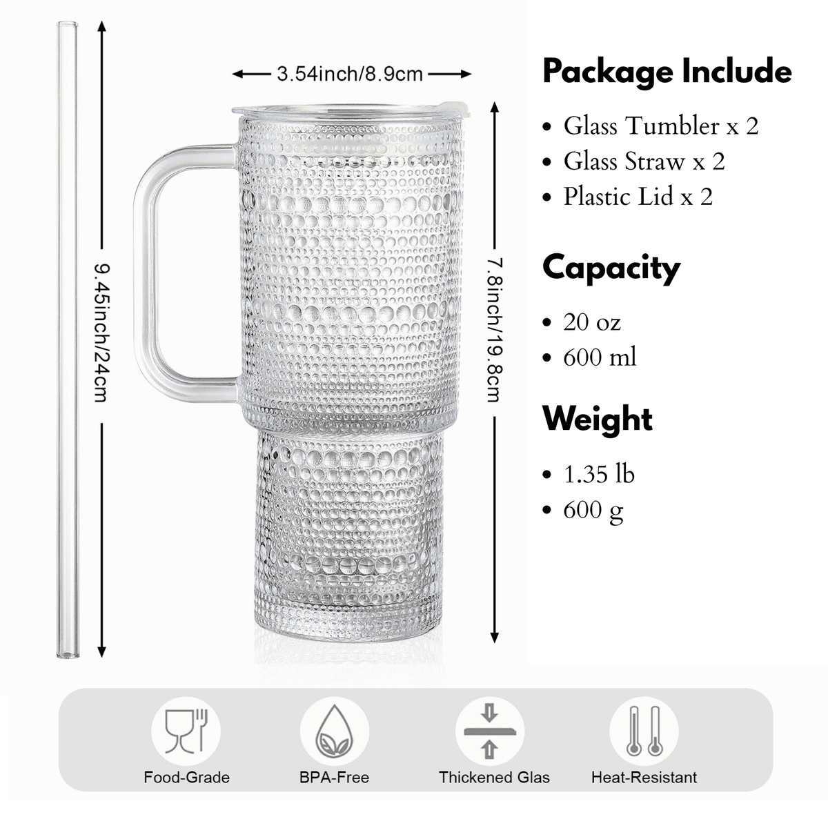Lunabuddy™ 26oz Drinking Glasses with Handle & Lid – 2-Pack Large Iced Coffee Cups with Straws, Modern Glass Tumbler for Cold & Hot Beverages, Aesthetic Travel Cup for Smoothies, Tea, and Juice