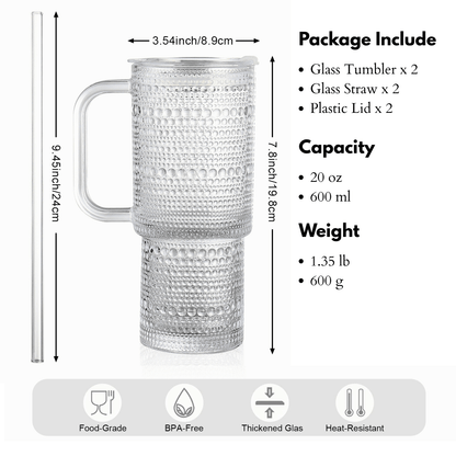 Lunabuddy™ 26oz Drinking Glasses with Handle & Lid – 2-Pack Large Iced Coffee Cups with Straws, Modern Glass Tumbler for Cold & Hot Beverages, Aesthetic Travel Cup for Smoothies, Tea, and Juice